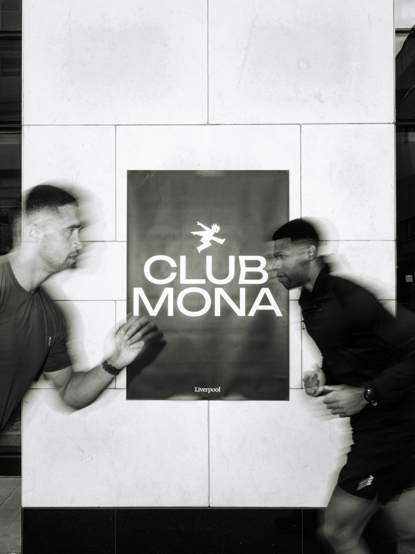 Club Mona poster surrounded by people in motion