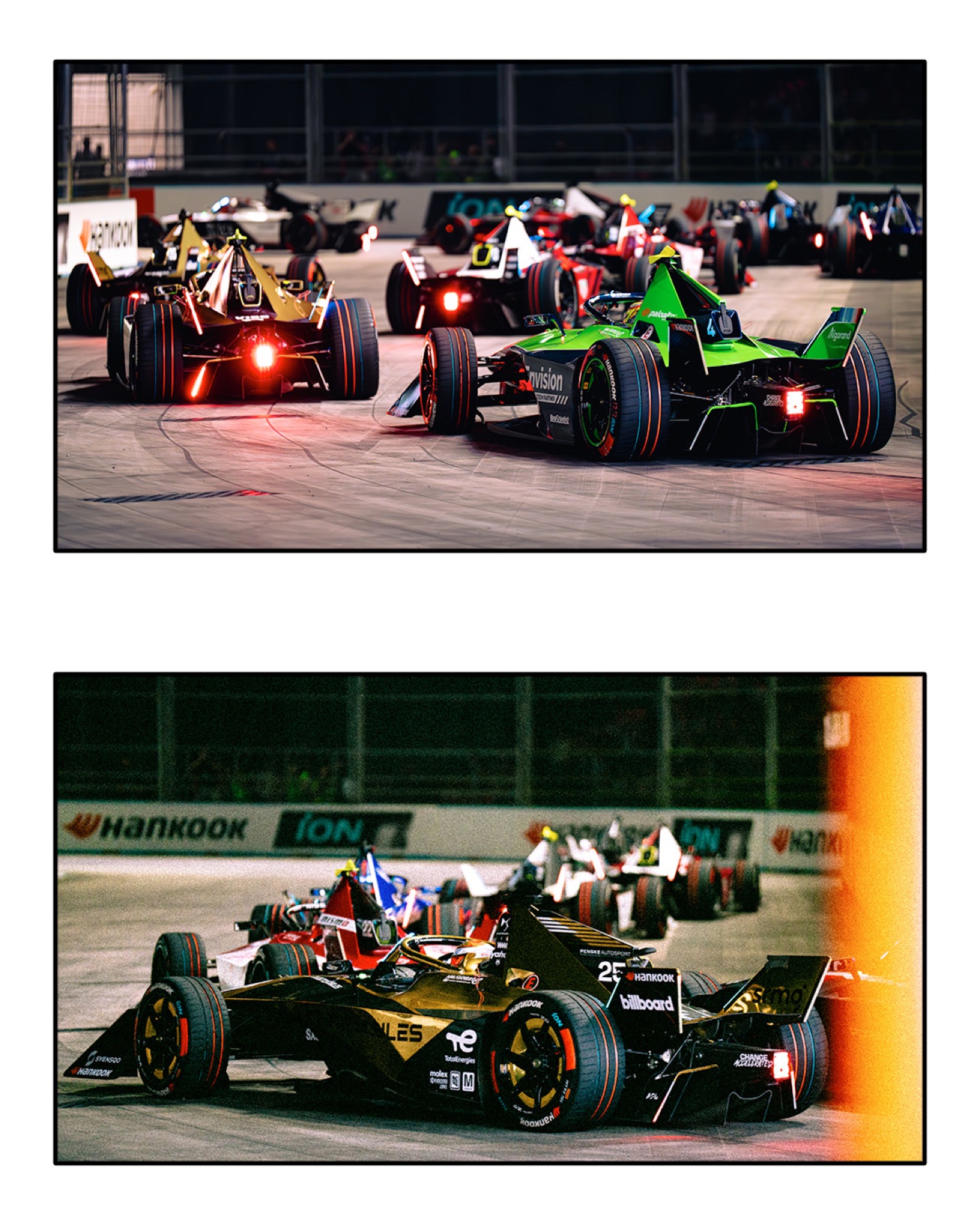 Editorial composite of electric race cars at ExCeL London