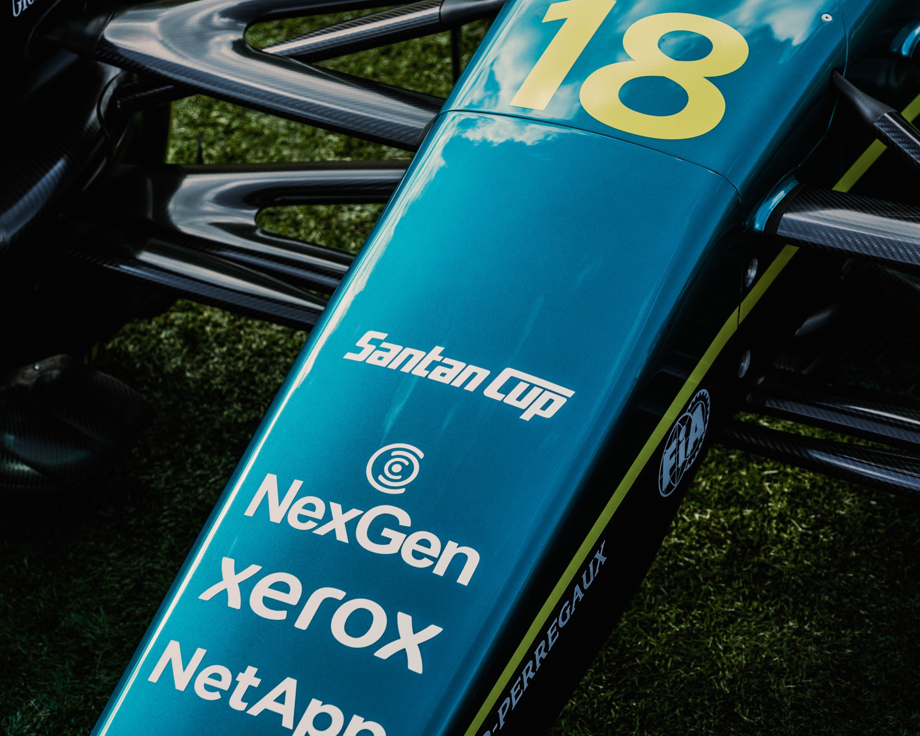 Close detail of the Santan Cup racing car on the pitch.