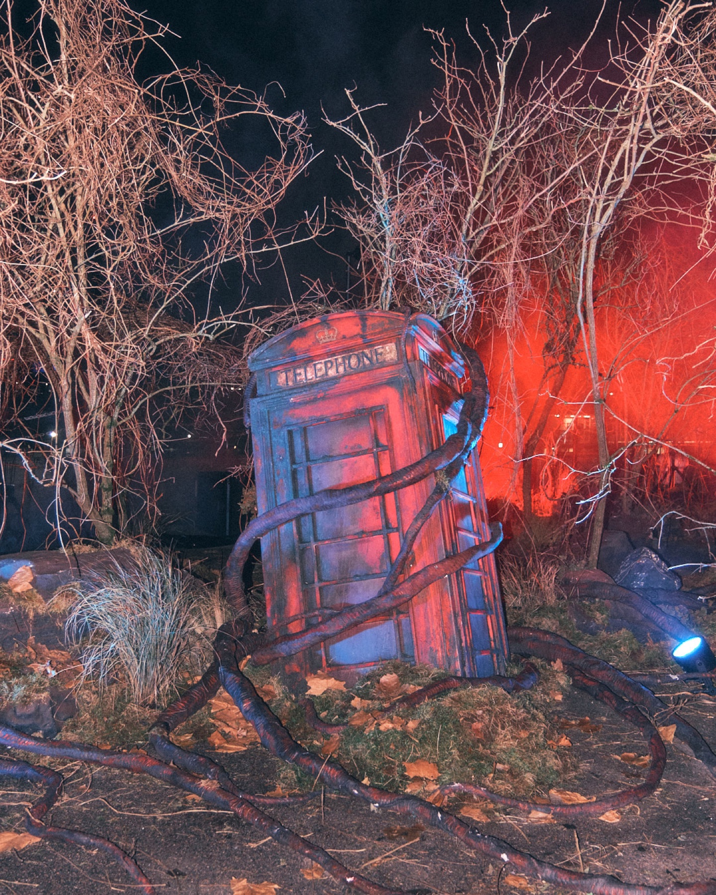 Stranger Things telephone box installation lit red among bare trees